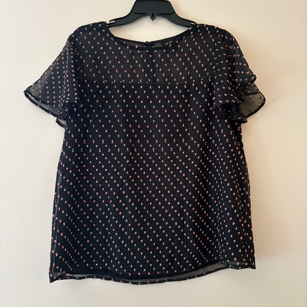 W5 Black Pink Dot Sheer Flutter Sleeve Chiffon Blouse Medium NWT
